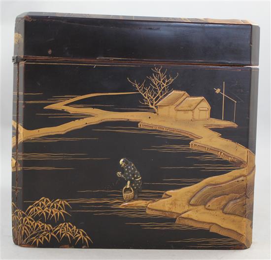 A Japanese lacquer and mixed metal overlaid tea caddy, Meiji period, 24.5cm, repair to cover